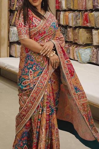 Multicolor Chinon silk blend Saree With Mirror Work