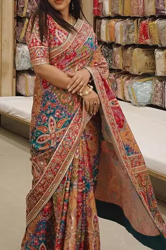 Multicolor Chinon silk blend Saree With Mirror Work