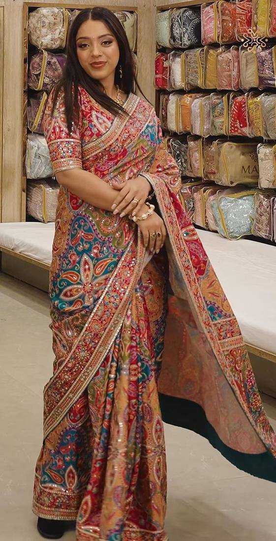 Multicolor Chinon silk blend Saree With Mirror Work