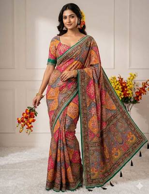 Multicolor Chinon silk blend Saree With Mirror Work 2