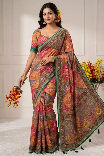 Multicolor Chinon silk blend Saree With Mirror Work