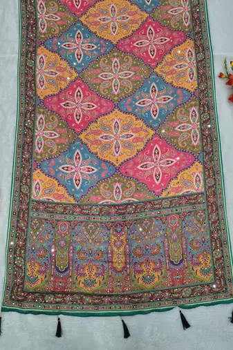Multicolor Chinon silk blend Saree With Mirror Work