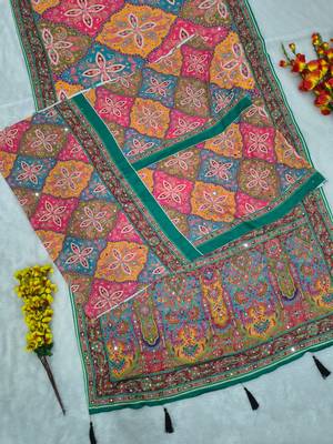 Multicolor Chinon silk blend Saree With Mirror Work 4