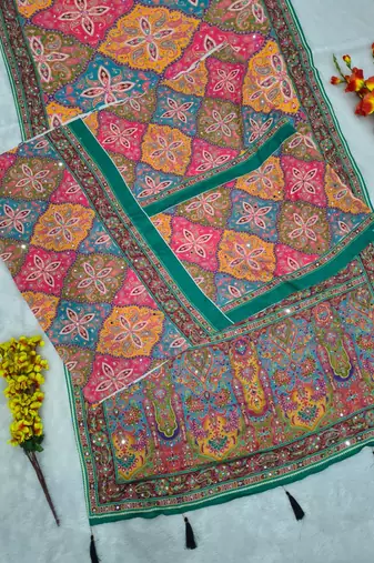 Multicolor Chinon silk blend Saree With Mirror Work