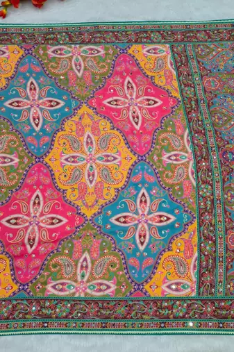 Multicolor Chinon silk blend Saree With Mirror Work