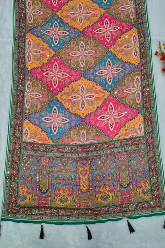 Multicolor Chinon silk blend Saree With Mirror Work