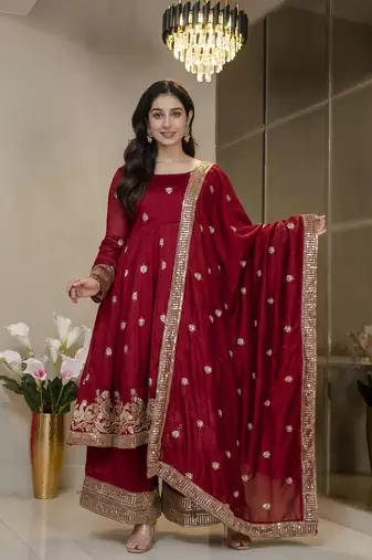 Maroon simmar silk party wear embroidery suit set