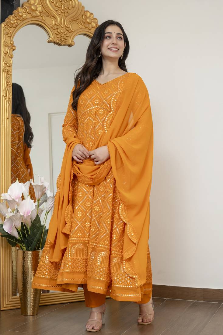 Yellow blooming silk party wear embroidery suit set