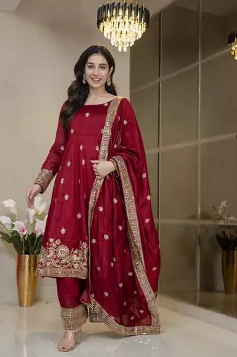 Maroon simmar silk party wear embroidery suit set