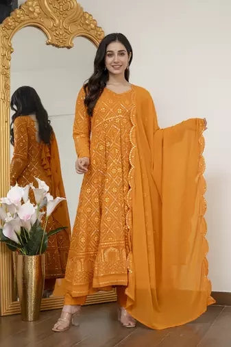 Yellow blooming silk party wear embroidery suit set
