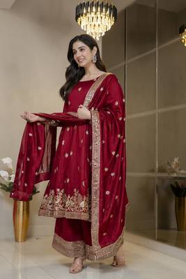 Maroon simmar silk party wear embroidery suit set 4