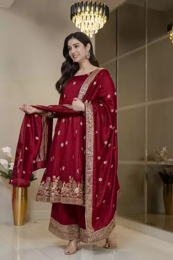 Maroon simmar silk party wear embroidery suit set