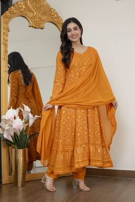 Yellow blooming silk party wear embroidery suit set 4