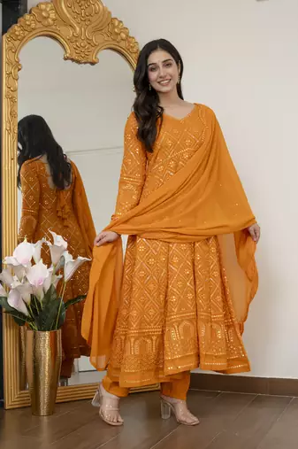 Yellow blooming silk party wear embroidery suit set