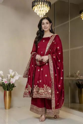 Maroon simmar silk party wear embroidery suit set