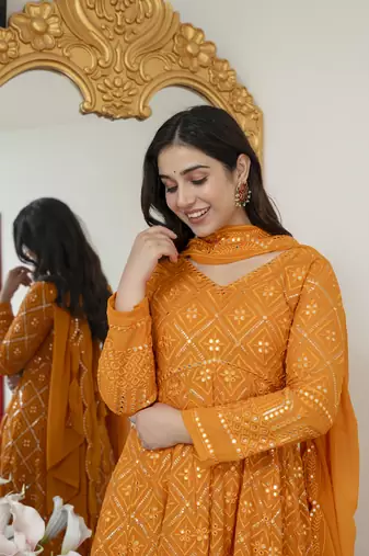Yellow blooming silk party wear embroidery suit set