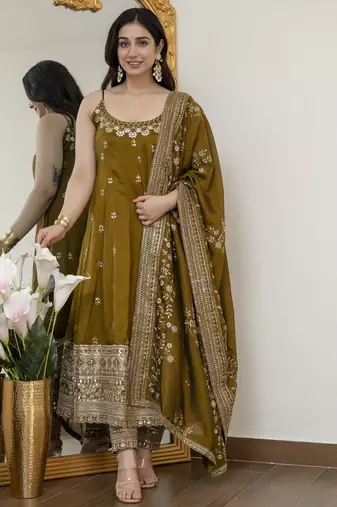 Mahendi vichitra silk party wear embroidery suit set