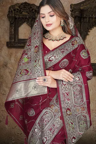 Wine Banarasi Satin Silk Saree with Silver Zari & Thread Woven Border and Rich Traditional Pallu
