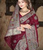 Wine Banarasi Satin silk blend Saree with Silver Zari & Thread Woven Border and Rich Traditional Pallu