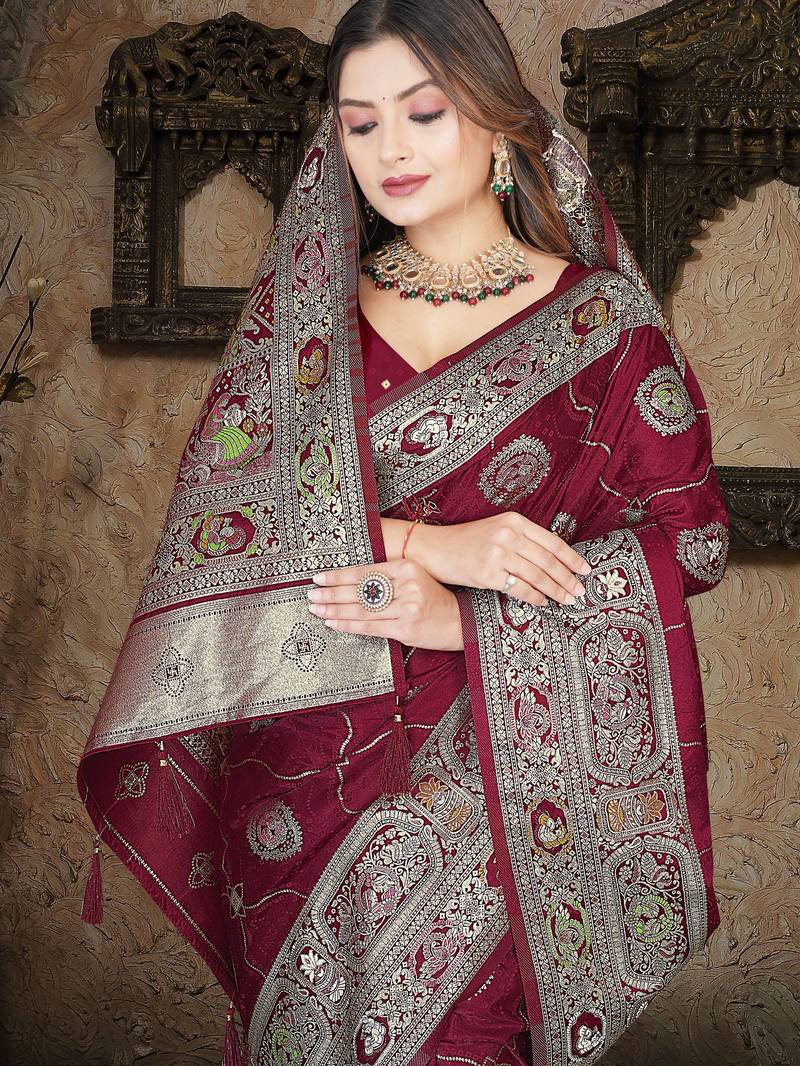 Wine Banarasi Satin Silk Saree with Silver Zari & Thread Woven Border and Rich Traditional Pallu