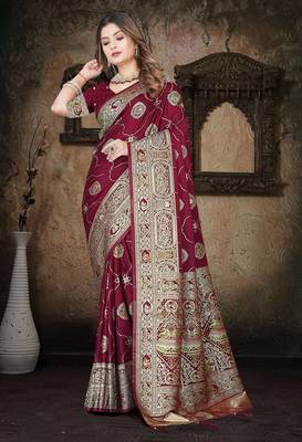 Wine Banarasi Satin silk blend Saree with Silver Zari & Thread Woven Border and Rich Traditional Pallu 2