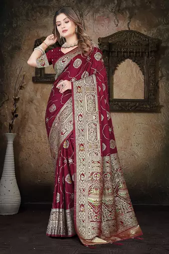 Wine Banarasi Satin silk blend Saree with Silver Zari & Thread Woven Border and Rich Traditional Pallu
