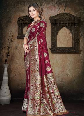 Wine Banarasi Satin silk blend Saree with Silver Zari & Thread Woven Border and Rich Traditional Pallu 3
