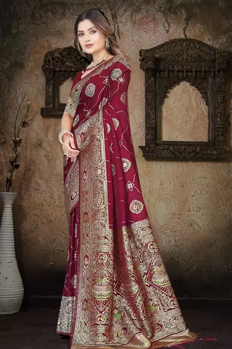 Wine Banarasi Satin silk blend Saree with Silver Zari & Thread Woven Border and Rich Traditional Pallu