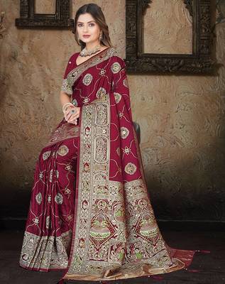 Wine Banarasi Satin silk blend Saree with Silver Zari & Thread Woven Border and Rich Traditional Pallu 4