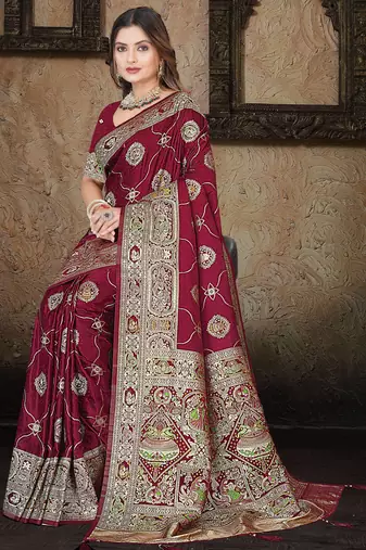 Wine Banarasi Satin silk blend Saree with Silver Zari & Thread Woven Border and Rich Traditional Pallu