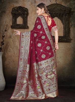 Wine Banarasi Satin silk blend Saree with Silver Zari & Thread Woven Border and Rich Traditional Pallu 5