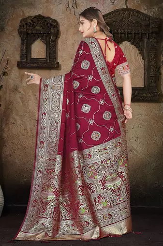 Wine Banarasi Satin silk blend Saree with Silver Zari & Thread Woven Border and Rich Traditional Pallu