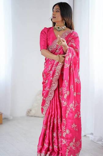 Hot pink japan satin silk coding & sequins embroidered saree with scallop borde