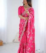 Hot pink japan satin silk coding & sequins embroidered saree with scallop borde