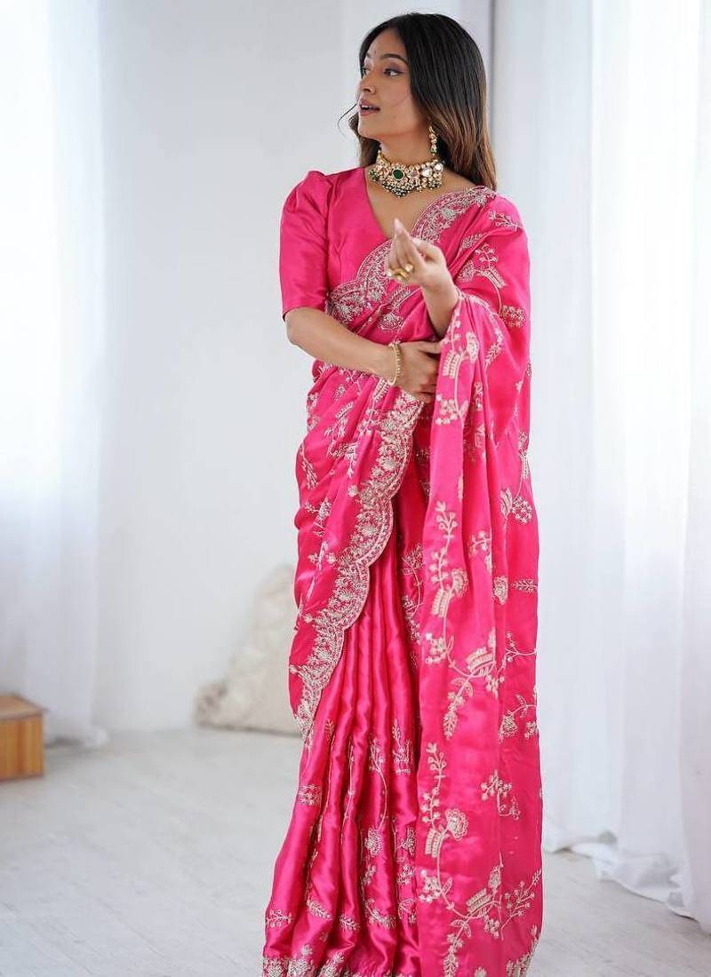Hot pink japan satin silk coding & sequins embroidered saree with scallop borde