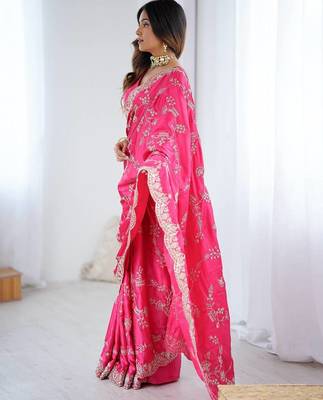 pink satin silk blend sequins embroidered saree with blouse 2