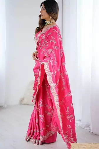 pink satin silk blend sequins embroidered saree with blouse