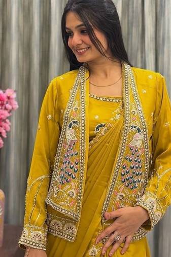 yellow embroidery creap satin ready to wear saree