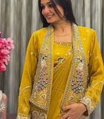 yellow embroidery creap satin ready to wear saree