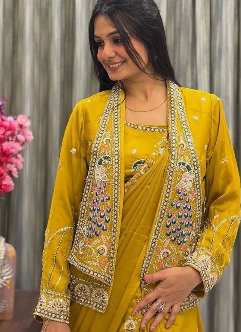 yellow embroidery creap satin ready to wear saree