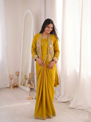 yellow embroidery creap satin ready made saree 2