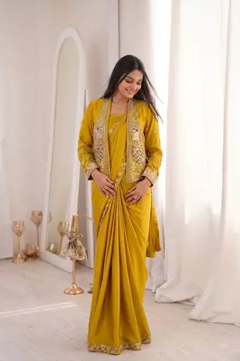 yellow embroidery creap satin ready made saree
