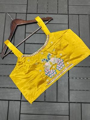 yellow embroidery creap satin ready made saree 3
