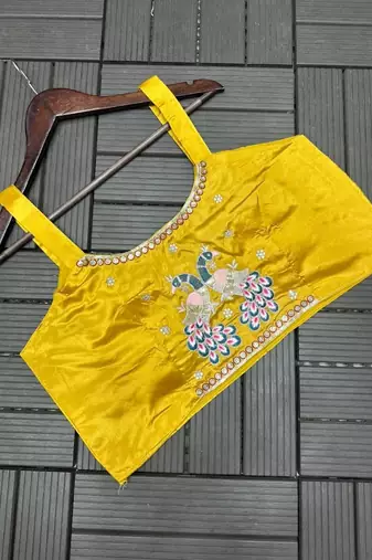 yellow embroidery creap satin ready made saree