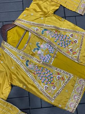 yellow embroidery creap satin ready made saree 4
