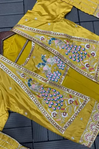 yellow embroidery creap satin ready made saree