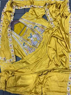 yellow embroidery creap satin ready made saree 5