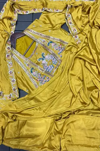 yellow embroidery creap satin ready made saree