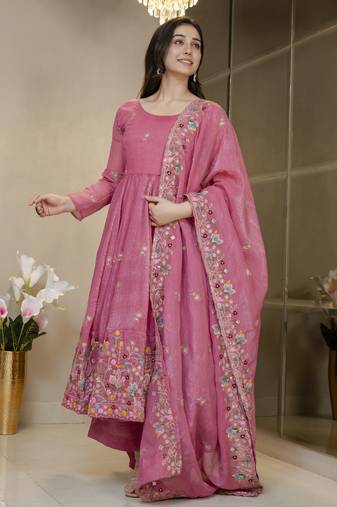 Dusty rose crunchy silk  party wear embroidery sharara suit set