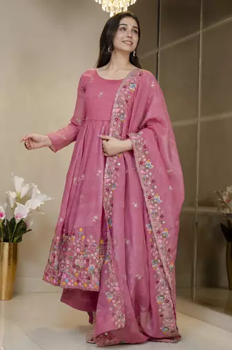 Dusty rose crunchy silk  party wear embroidery sharara suit set